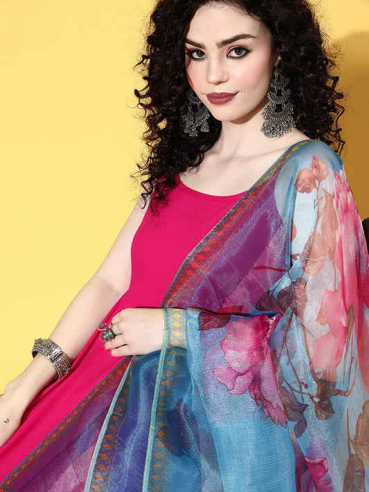 InWeave Strappy Set In Fuchsia With Blue Fuchsia Organza Dupatta - Swadesiicart