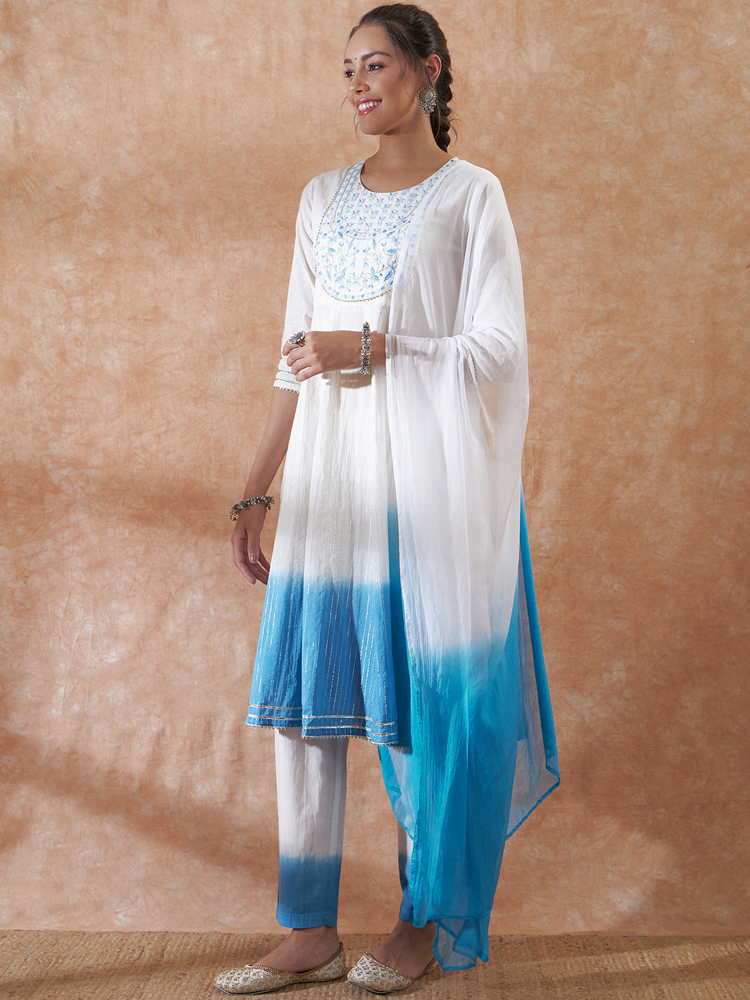 InWeave Women's White Lurex Blue Dye Patch Gota Anarkali Kurta Set W Dupatta - Swadesiicart