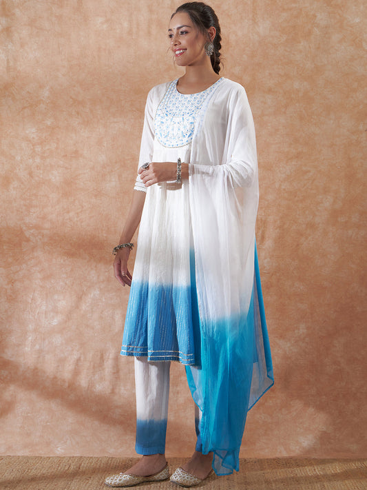 InWeave Women's White Lurex Blue Dye Patch Gota Anarkali Kurta Set W Dupatta - Swadesiicart