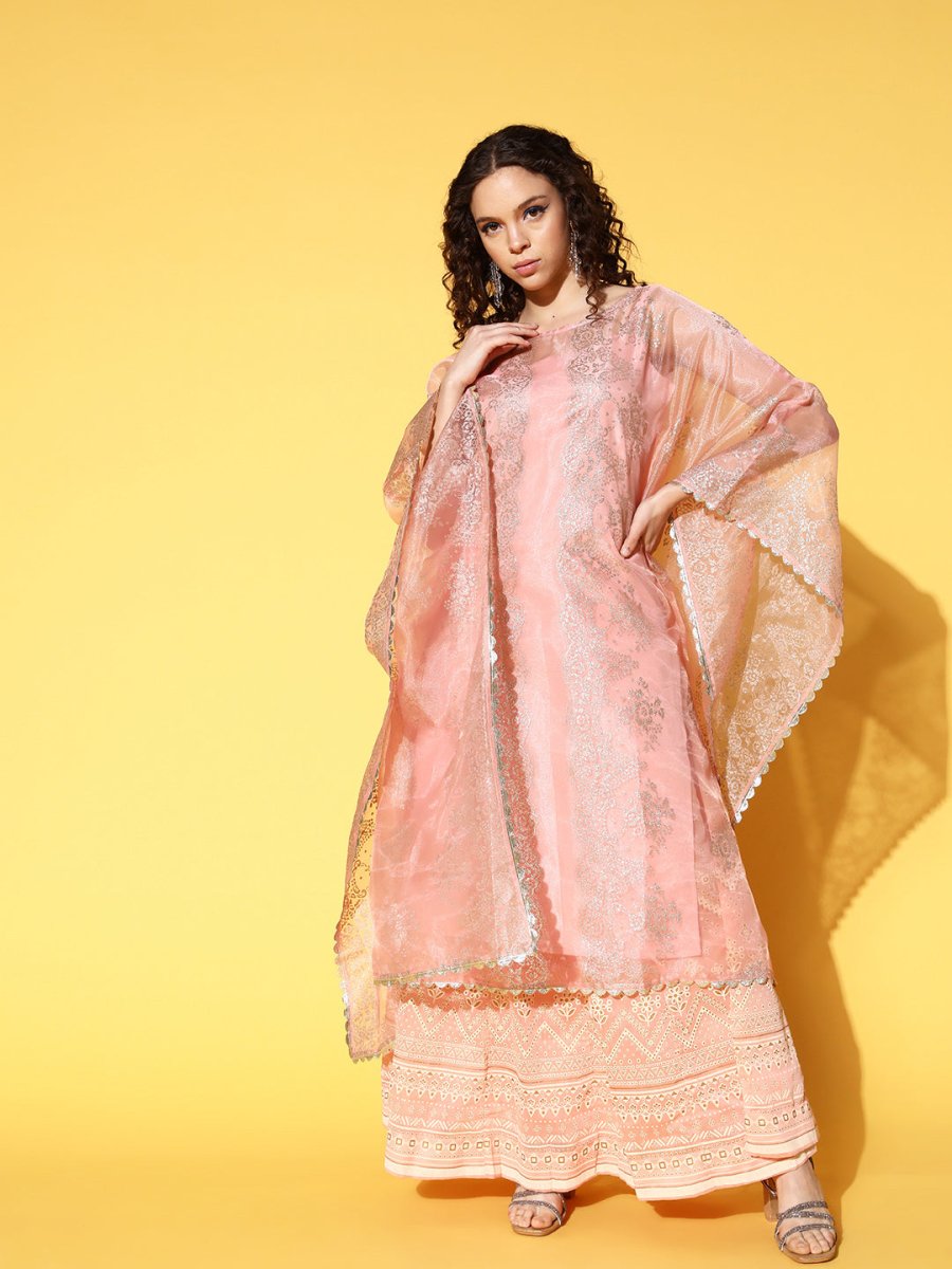 Ahalyaa Women Ethnic Motifs Printed Gotta Patti Organza Kaftan Kurta | Swadesiicart