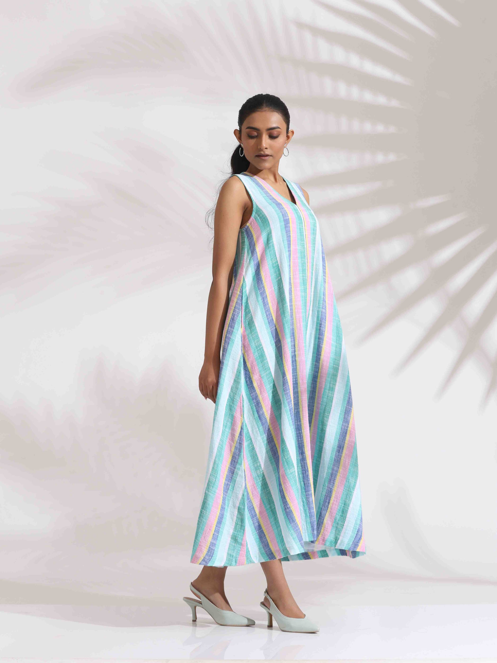 trueBrowns Green Cotton Multi Stripe Flared Dress | Swadesiicart