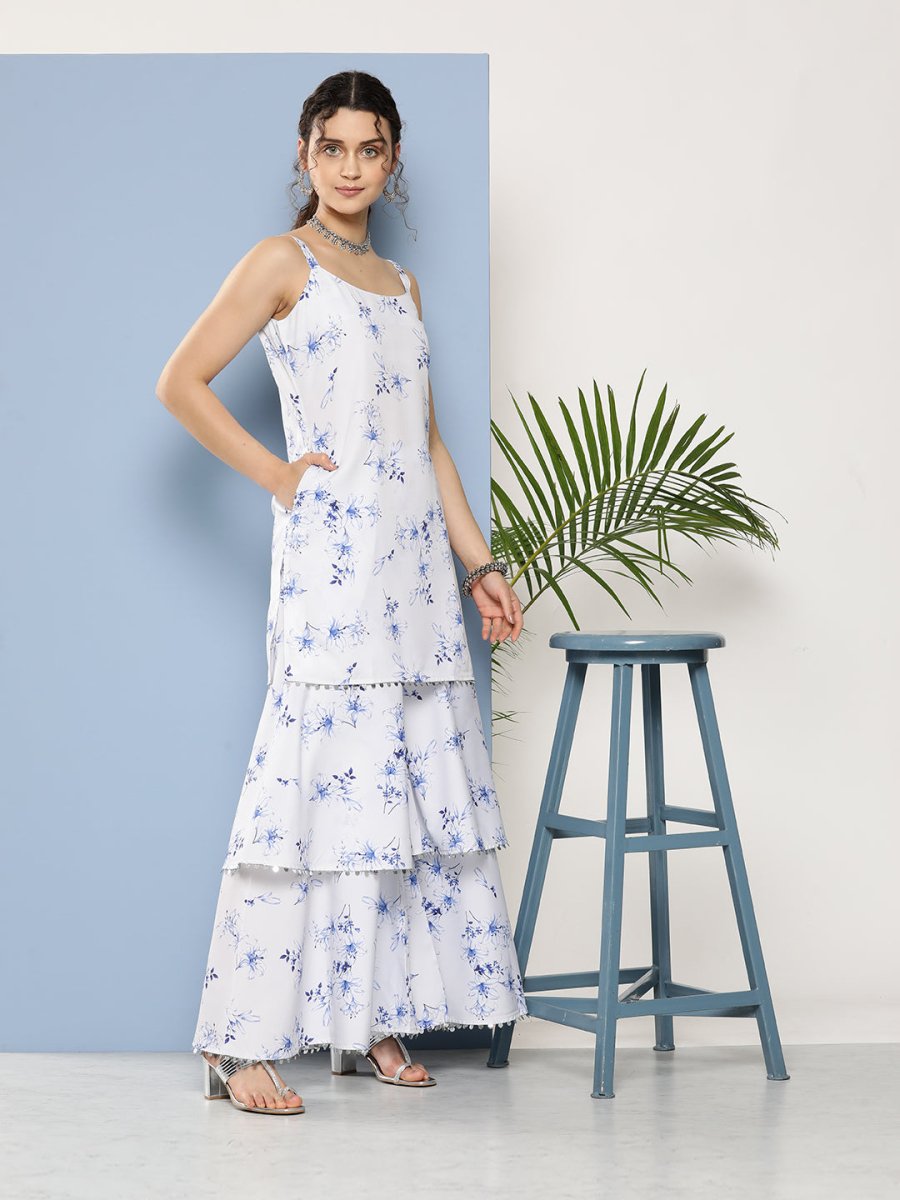 Ahalyaa Women White Floral Printed Sequinned Kurta with Sharara & With Dupatta | Swadesiicart