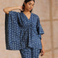 trueBrowns Indigo Dabu Floral Print Cotton Kaftan Co-Ord Set - Swadesiicart