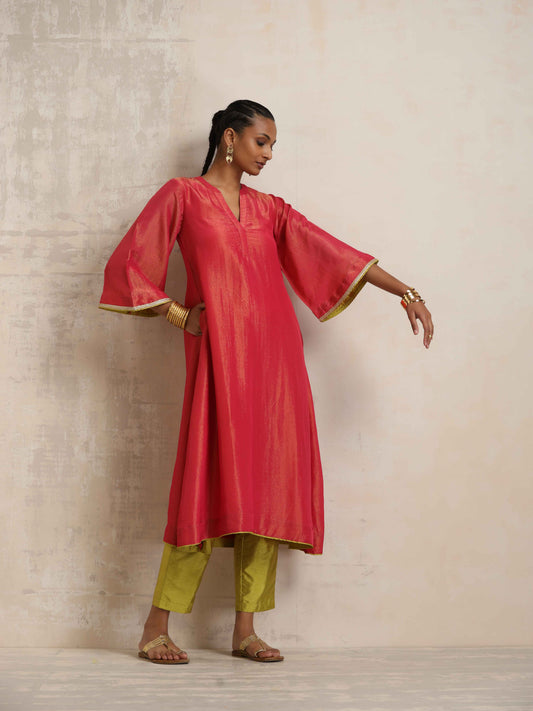 trueBrowns Hot Pink Tissue Flared Kurta Set | Swadesiicart