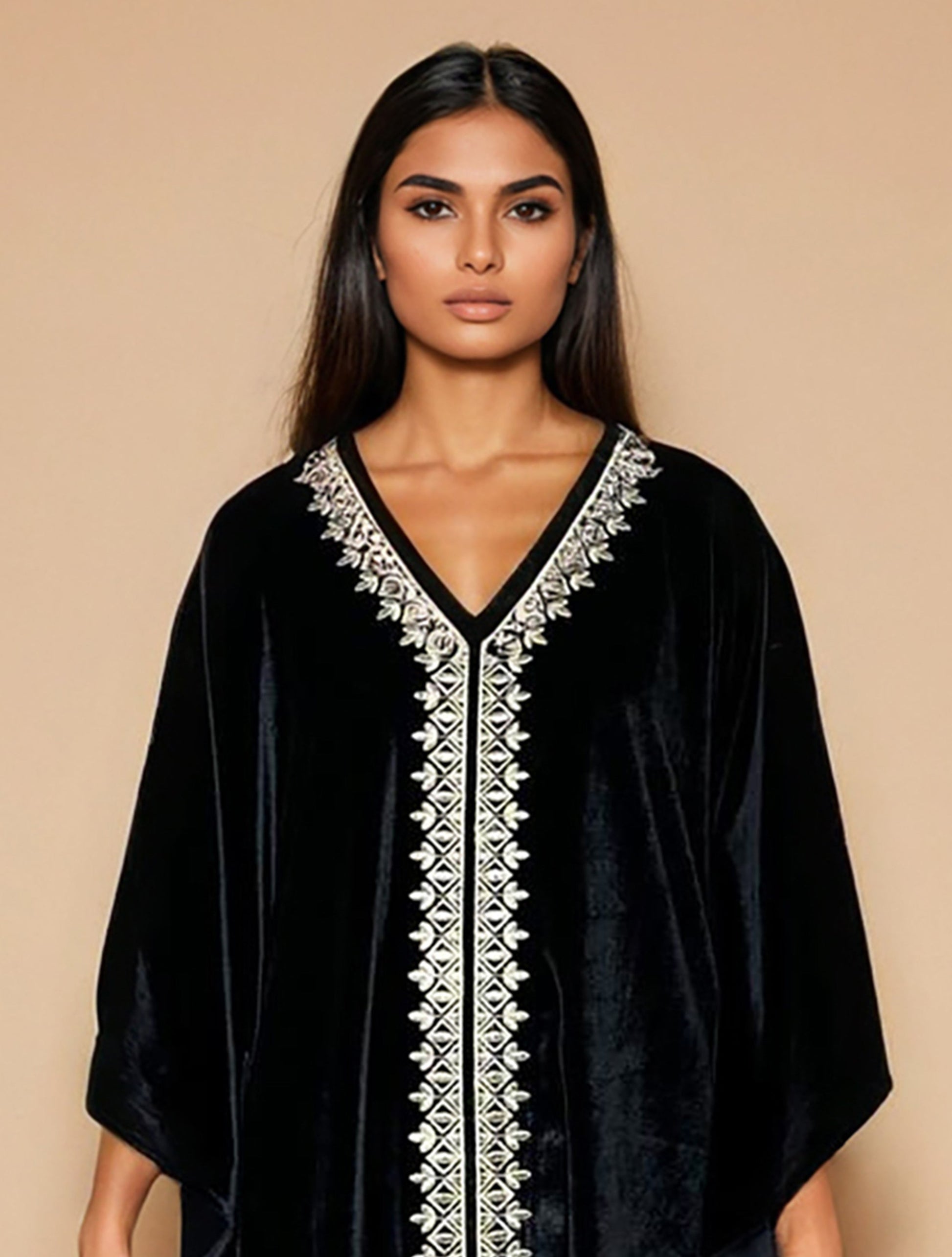 trueBrowns Black Velvet Embroidered Kaftan Kurta Set | Swadesiicart