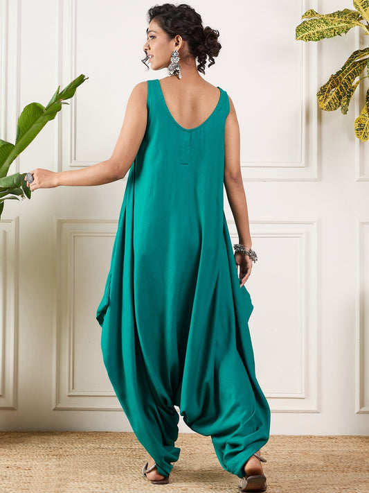 InWeave Teal Round Sleeveless Jumpsuit - Swadesiicart