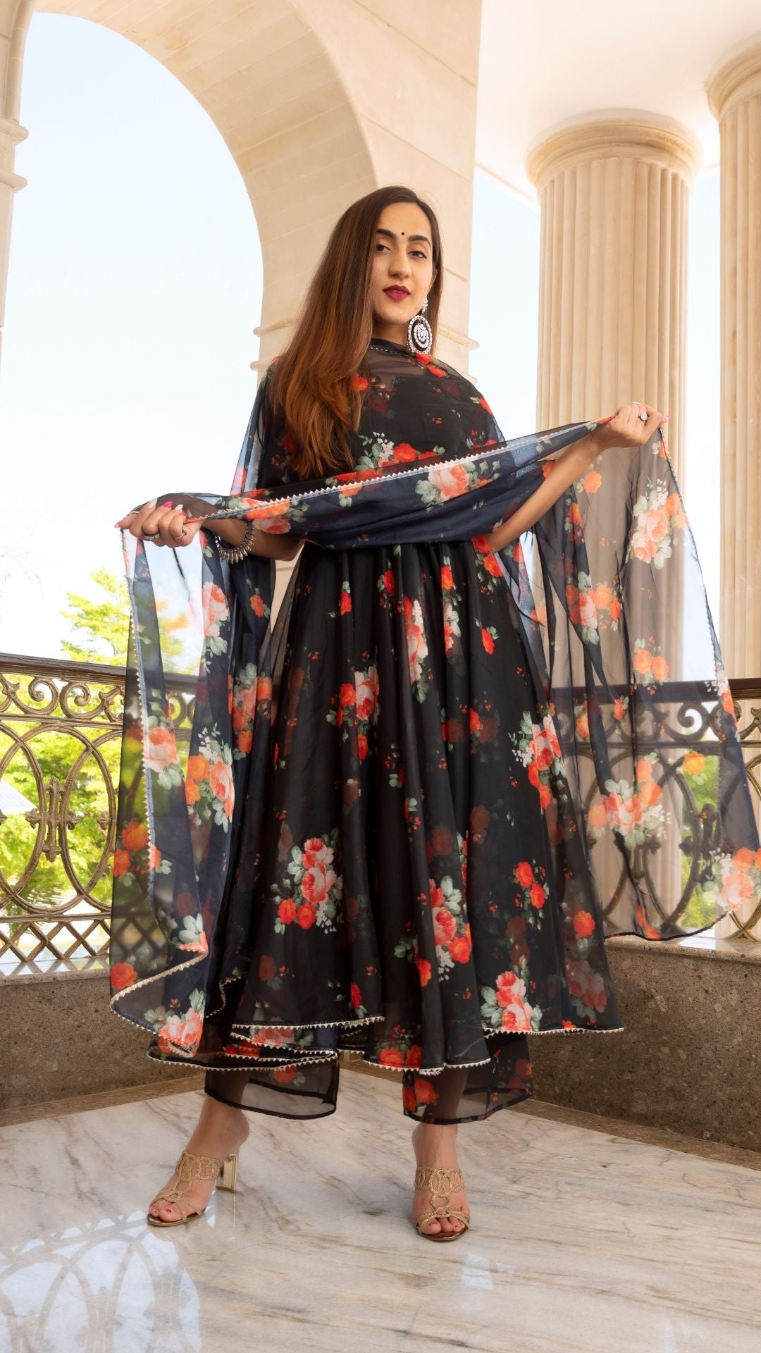 Pomcha Jaipur Red And Black Organza Anarkali Set | Swadesiicart