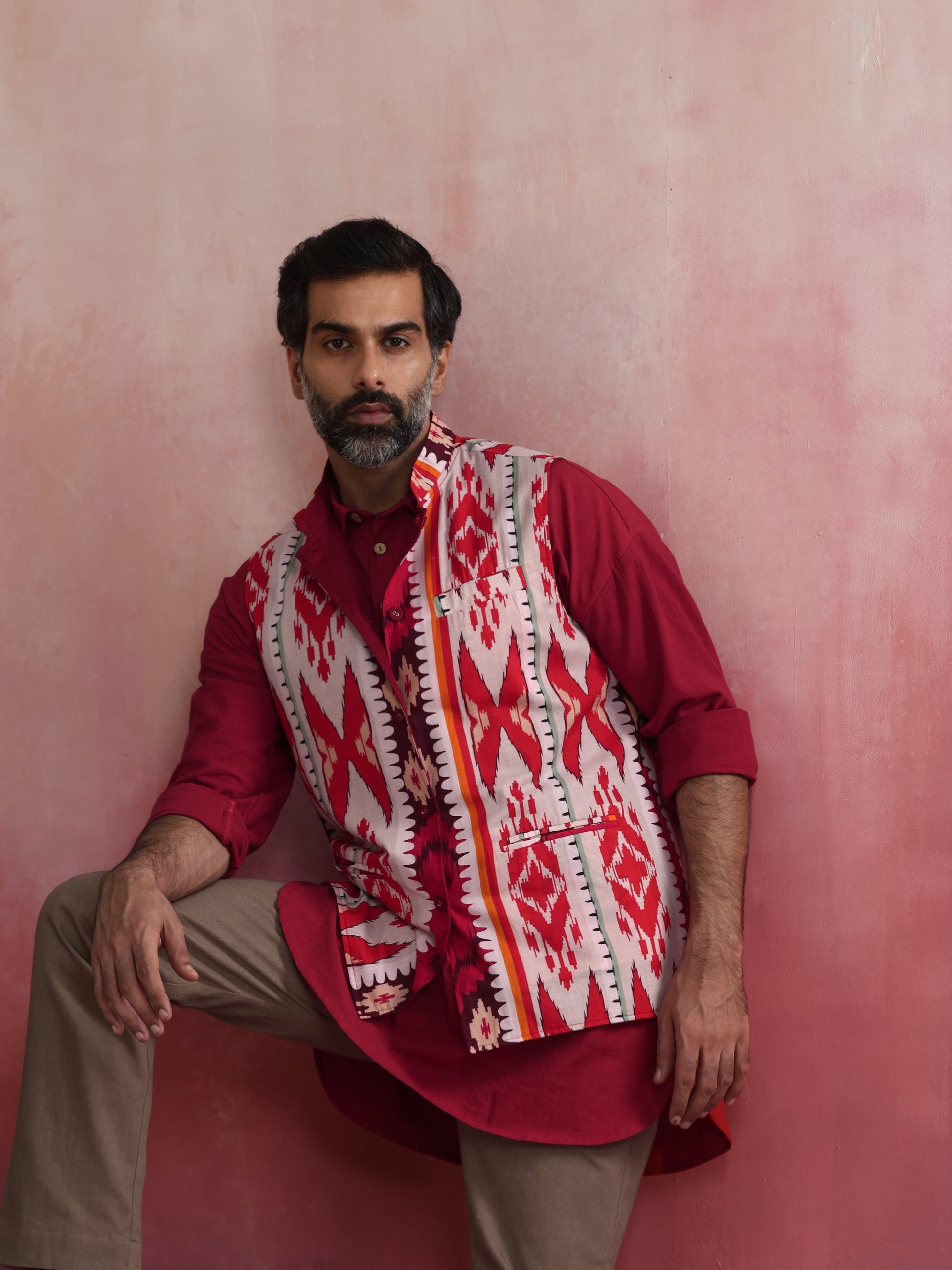 trueBrowns Men's Maroon Ikat Print Cotton Reversible Nehru Jacket | Swadesiicart