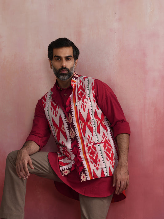 trueBrowns Men's Maroon Ikat Print Cotton Reversible Nehru Jacket | Swadesiicart