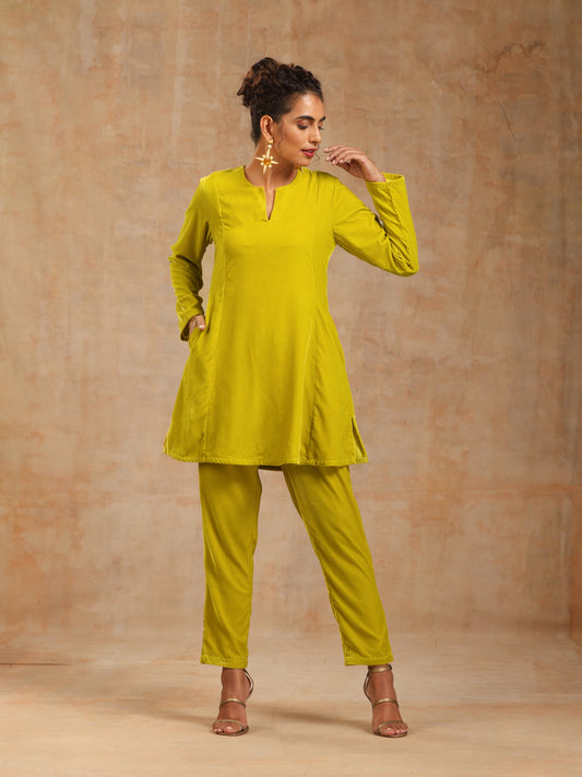 trueBrowns Lime Velvet Solid Co-ord Set - Swadesiicart