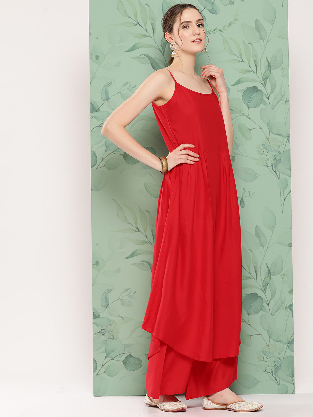 InWeave Women's Red Strappy Set W Camel Brown Or Duptta - Swadesiicart