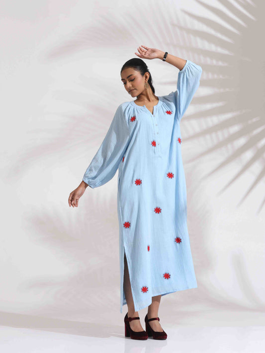 trueBrowns Blue Cotton Embroidered Dress | Swadesiicart