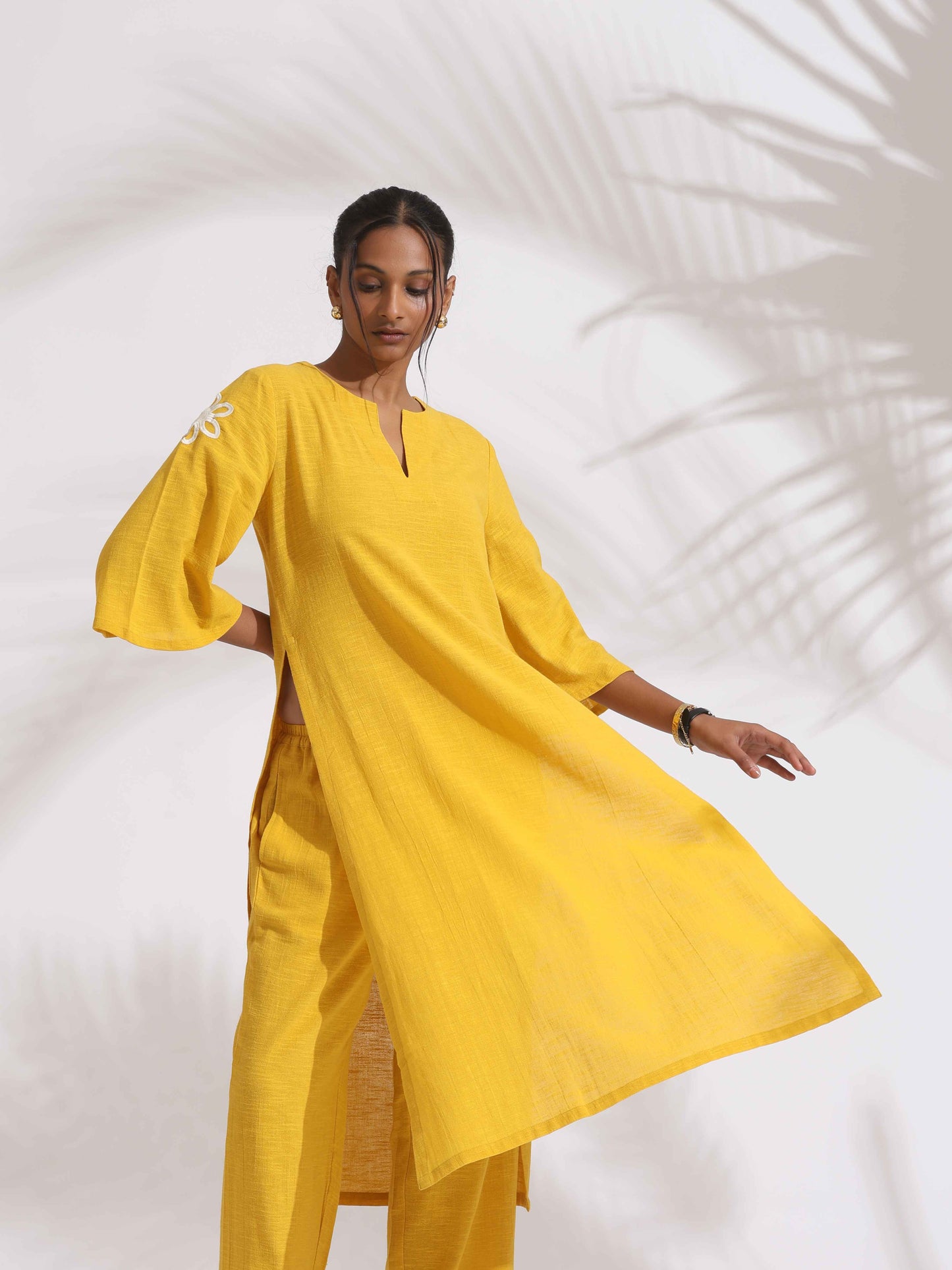 trueBrowns Yellow Cotton Slub Embroidered Straight Kurta Set | Swadesiicart