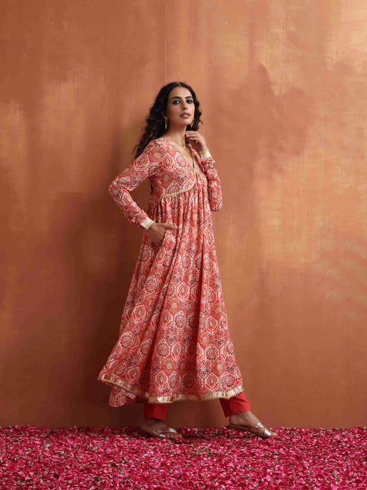 trueBrowns Beige Print Flared Anarkali Kurta Set | Swadesiicart
