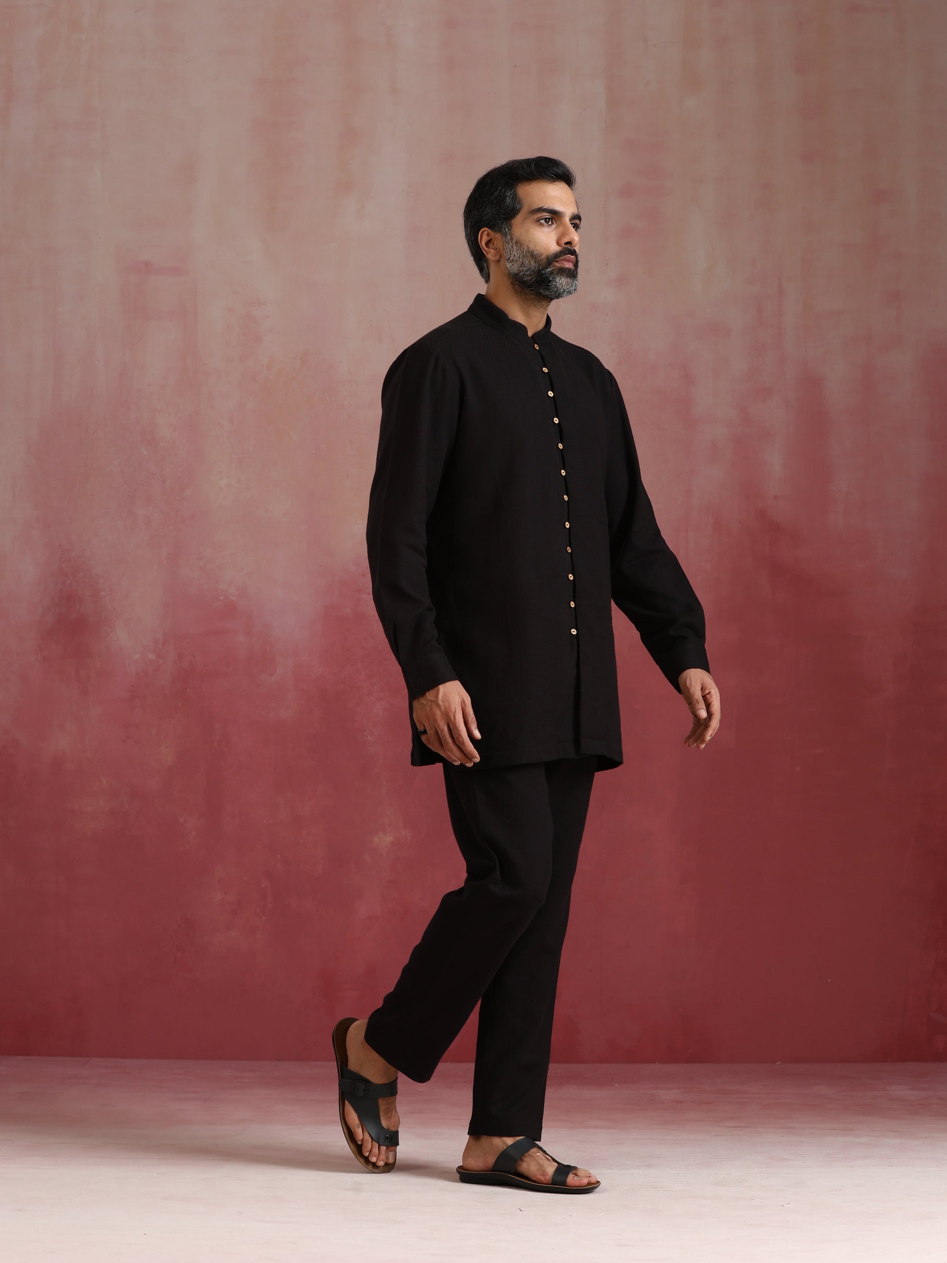 trueBrowns Men's Black Cotton Dobby Kurta Co-ord Set - Swadesiicart