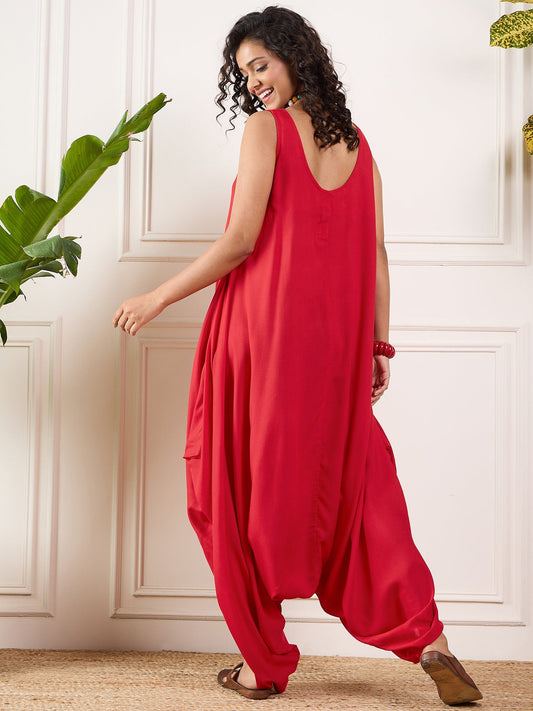 InWeave Red Round Sleeveless Jumpsuit - Swadesiicart