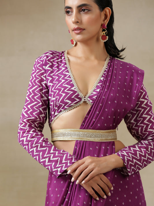 trueBrowns Purple Bandhani Printed Silk Full Sleeve Blouse | Swadesiicart