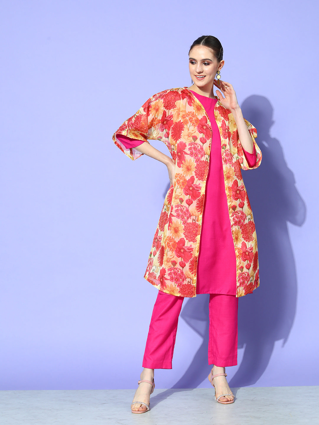 InWeave Women's Red Mustard Chintz Long Organza Cape - Swadesiicart