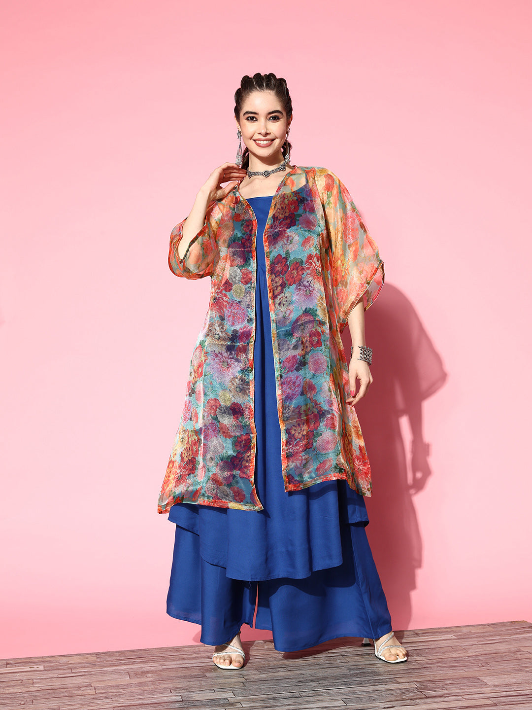 InWeave Ink Blue Strappy Set With Green Floral Long Organza Cape - Swadesiicart