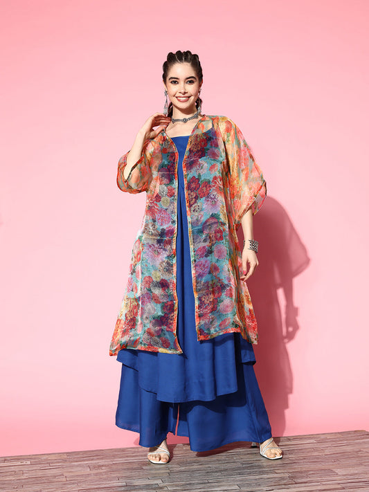 InWeave Ink Blue Strappy Set With Green Floral Long Organza Cape - Swadesiicart