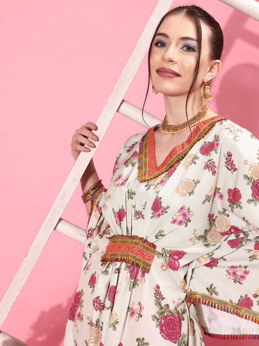Ahalyaa Women Floral Printed Flared Sleeves Thread Work Crepe Kaftan Kurta | Swadesiicart