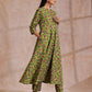trueBrowns Lime Green Overall Pink Floral Block Print Cotton Flared Kurta Pant Set | Swadesiicart
