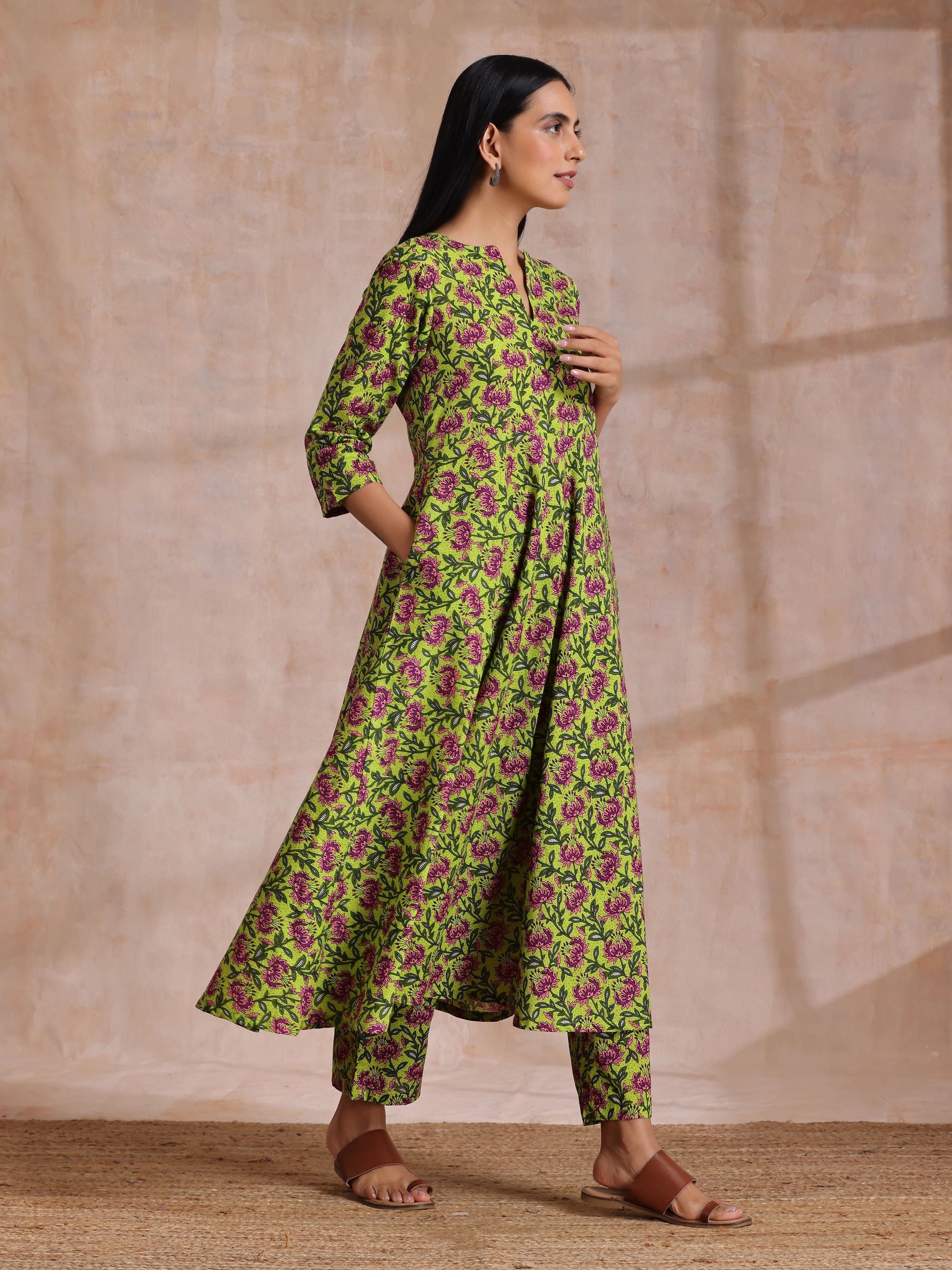 trueBrowns Lime Green Overall Pink Floral Block Print Cotton Flared Kurta Pant Set | Swadesiicart