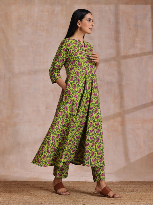 trueBrowns Lime Green Overall Pink Floral Block Print Cotton Flared Kurta Pant Set | Swadesiicart