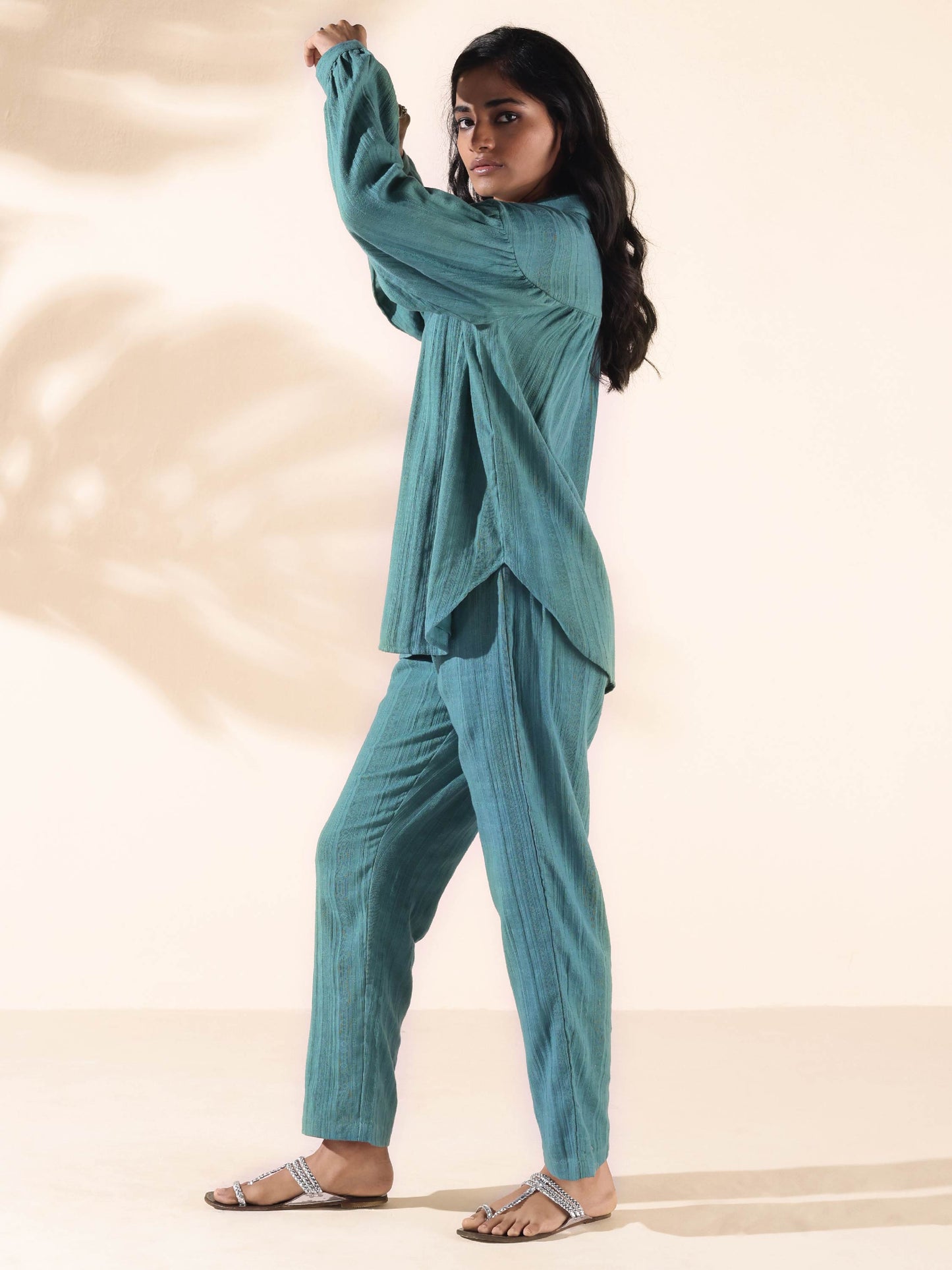 trueBrowns Turquoise Cotton Dobby Shirt Co-ord Set - Swadesiicart