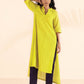 trueBrowns Lime Cotton Dobby High-Low Kurta Pant Set | Swadesiicart