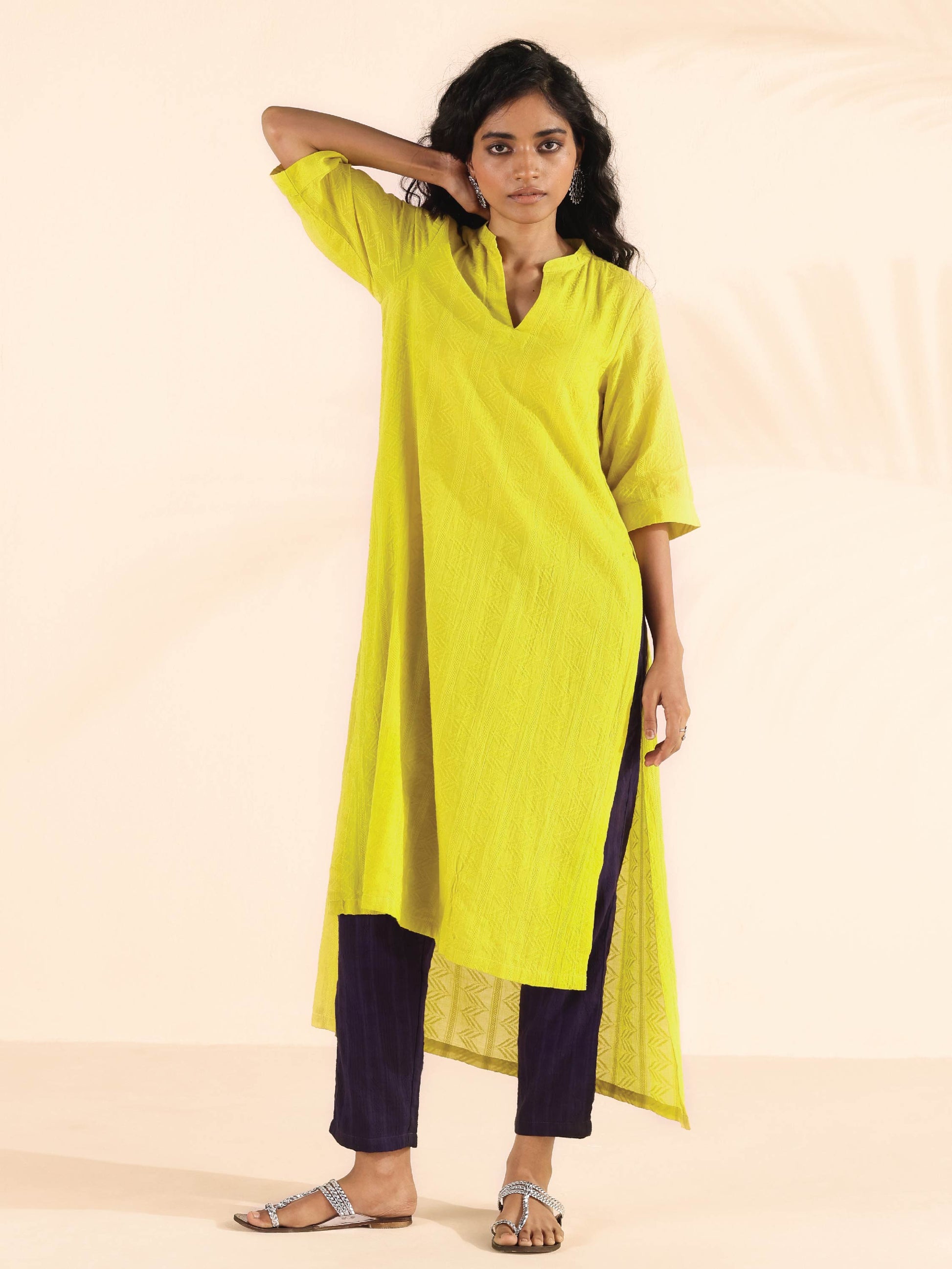 trueBrowns Lime Cotton Dobby High-Low Kurta Pant Set | Swadesiicart