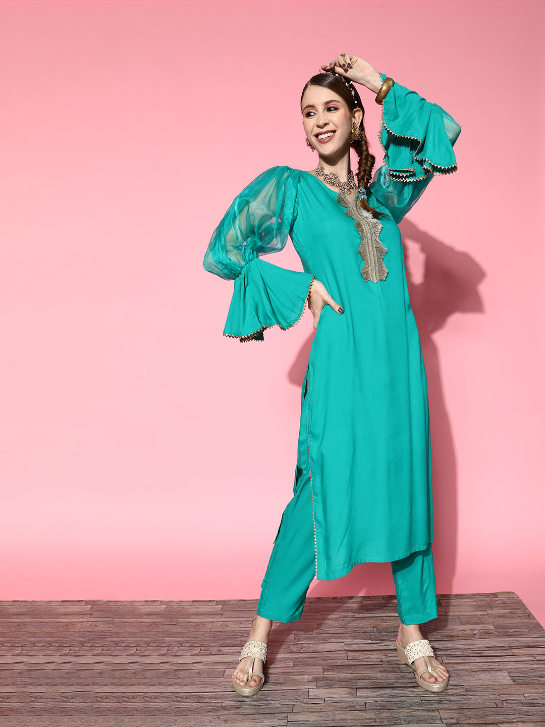 InWeave Women's Aqua Organza Sleeve Gota Work Kurta Set - Swadesiicart