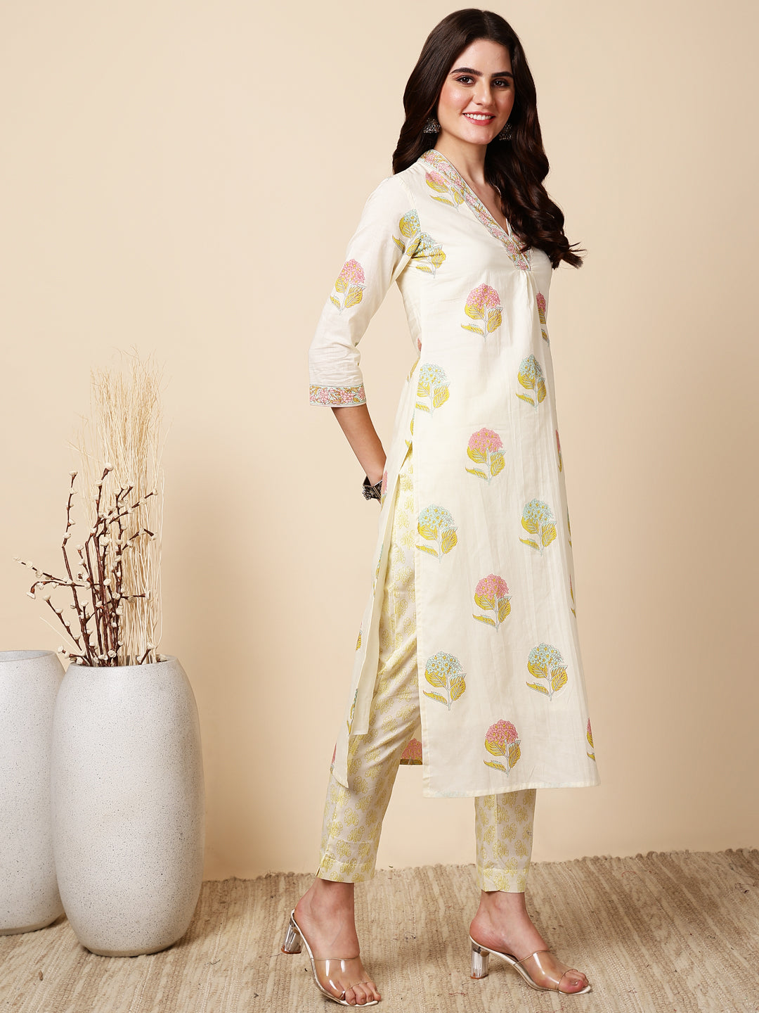 Antaran Cream Pure Cotton Floral Printed Kurta Pant And Dupatta Set - Swadesiicart