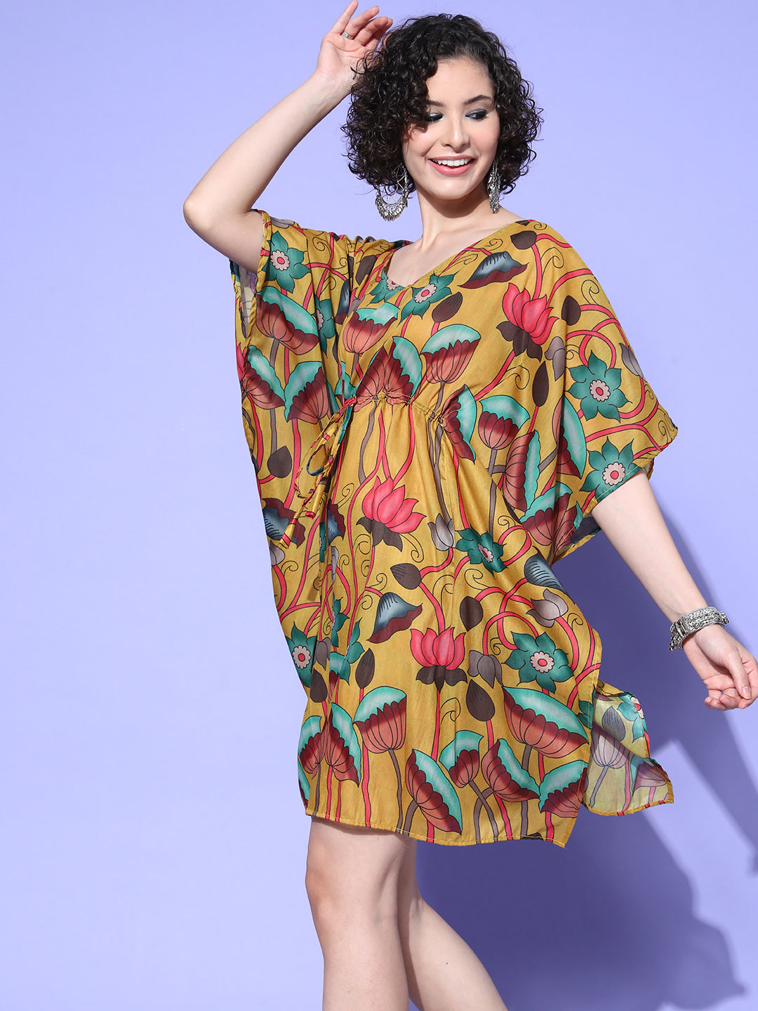 InWeave Women's Mustard Printed Kaftan Dress - Swadesiicart