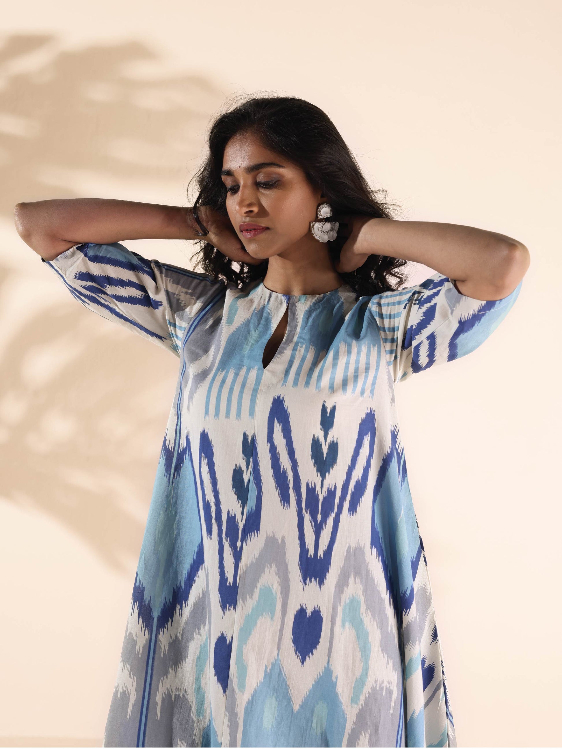 trueBrowns Blue Cotton Ikat Flared Kurta Pant Set | Swadesiicart