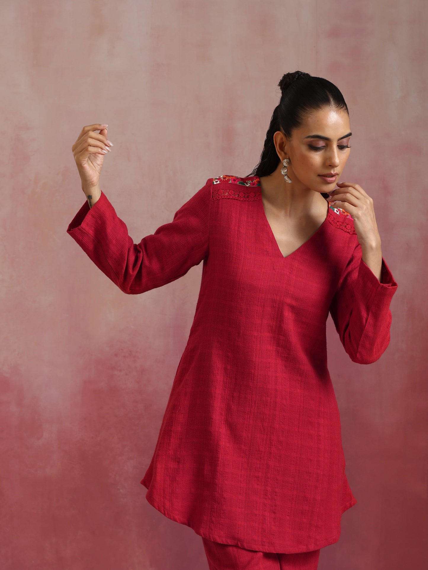 trueBrowns Red Cotton Dobby Kurta Co-ord set - Swadesiicart
