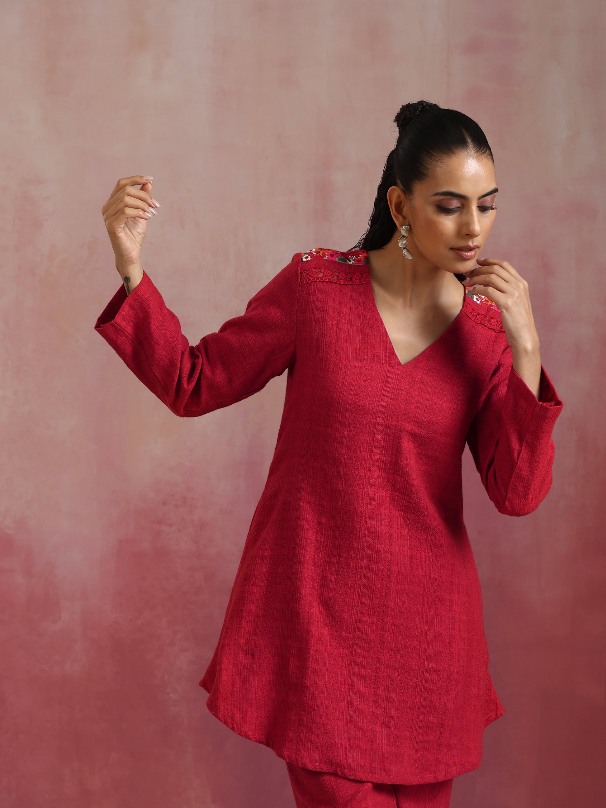trueBrowns Red Cotton Dobby Kurta Co-ord set - Swadesiicart