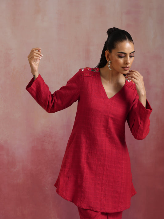 trueBrowns Red Cotton Dobby Kurta Co-ord set - Swadesiicart