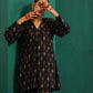 trueBrowns Black Tonal Ikat Muslin Silk Printed V-Neck Front Pleat Co-ord Set - Swadesiicart