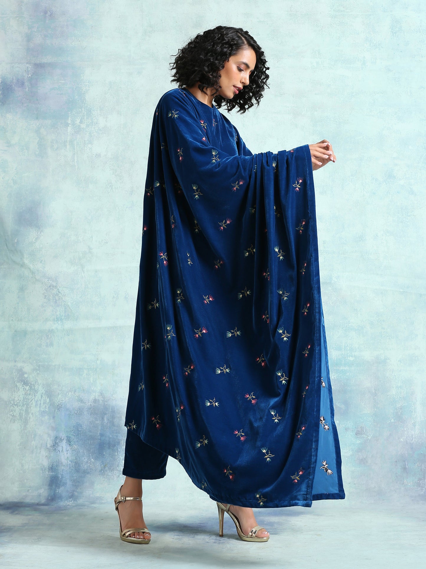trueBrowns Blue Embroidered Velvet Shawl | Swadesiicart