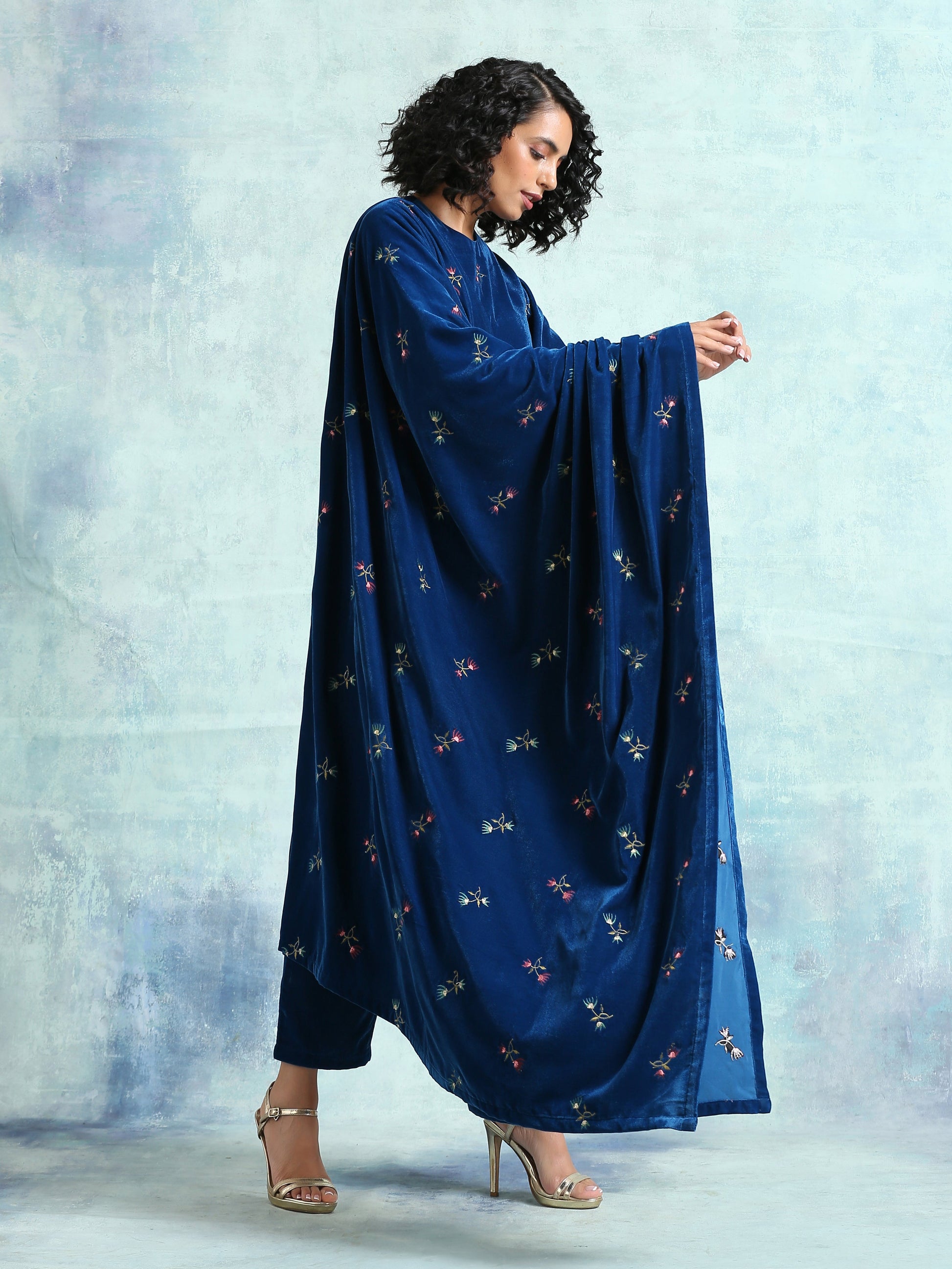 trueBrowns Blue Embroidered Velvet Shawl | Swadesiicart