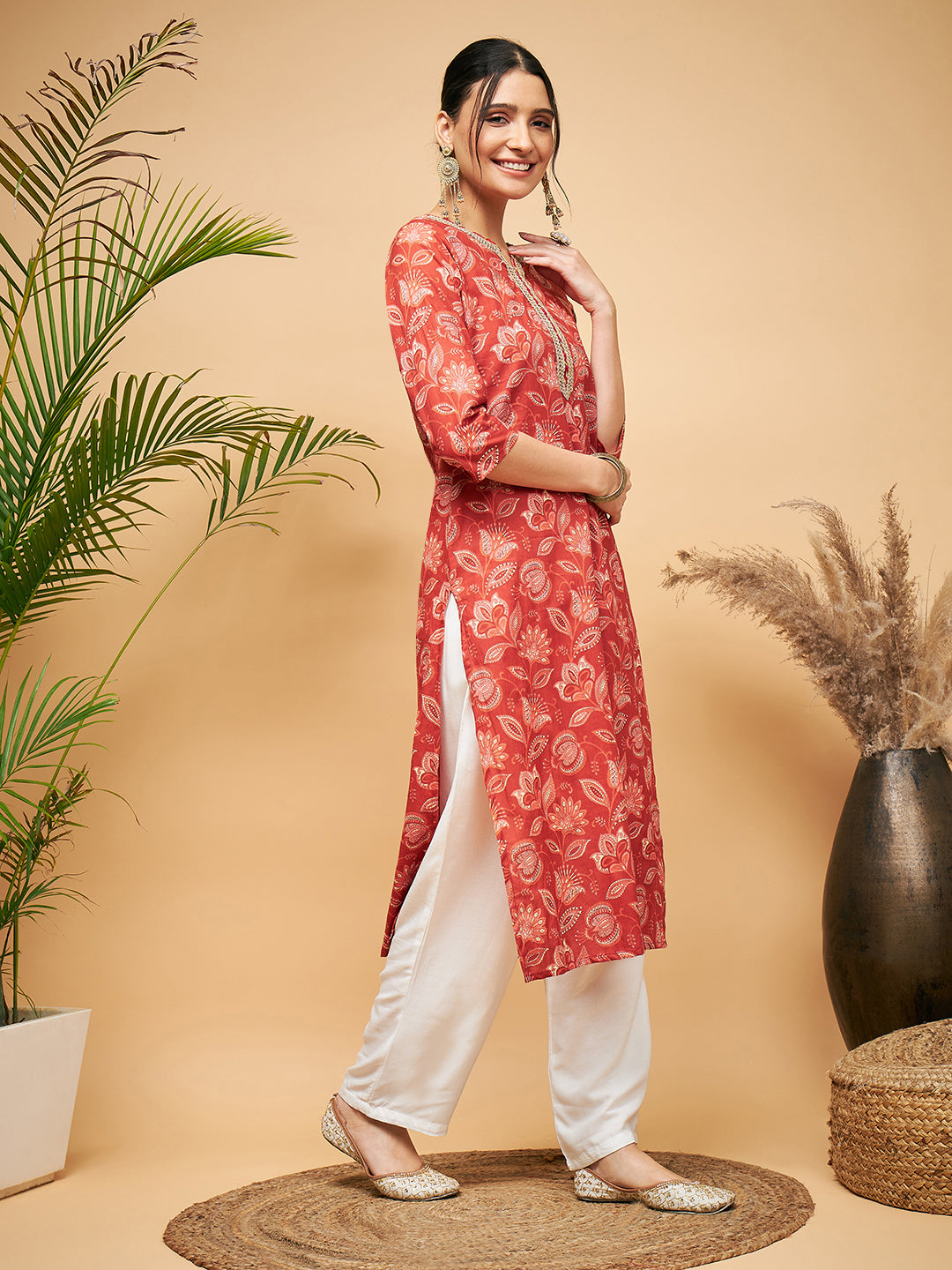 InWeave Women's Rust Paisley Print Gota Straight Kurta - Swadesiicart
