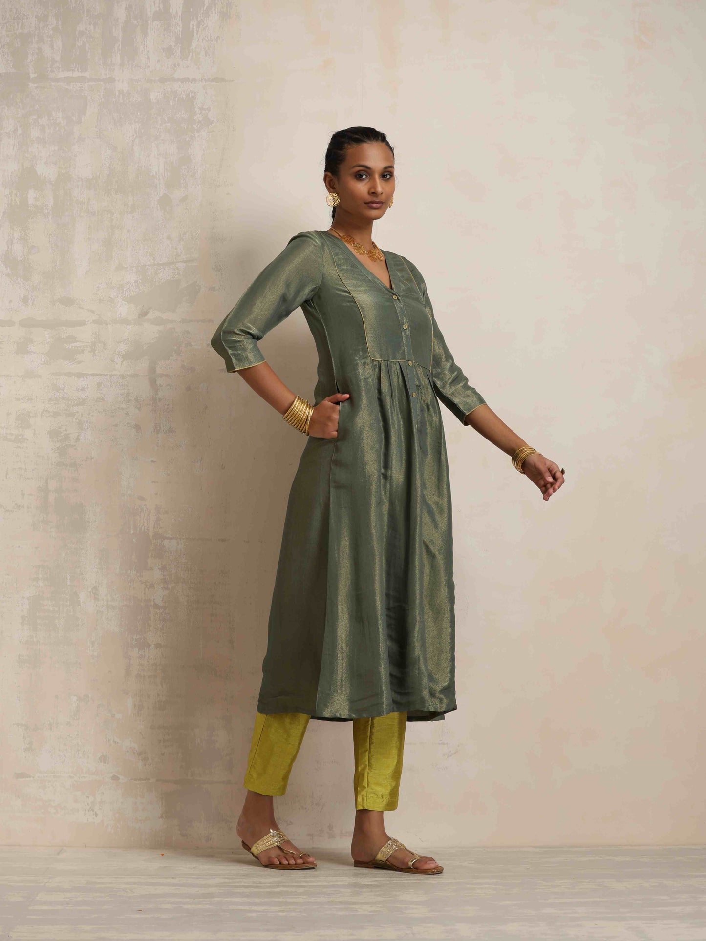 trueBrowns Green Tissue A-line Kurta Set | Swadesiicart