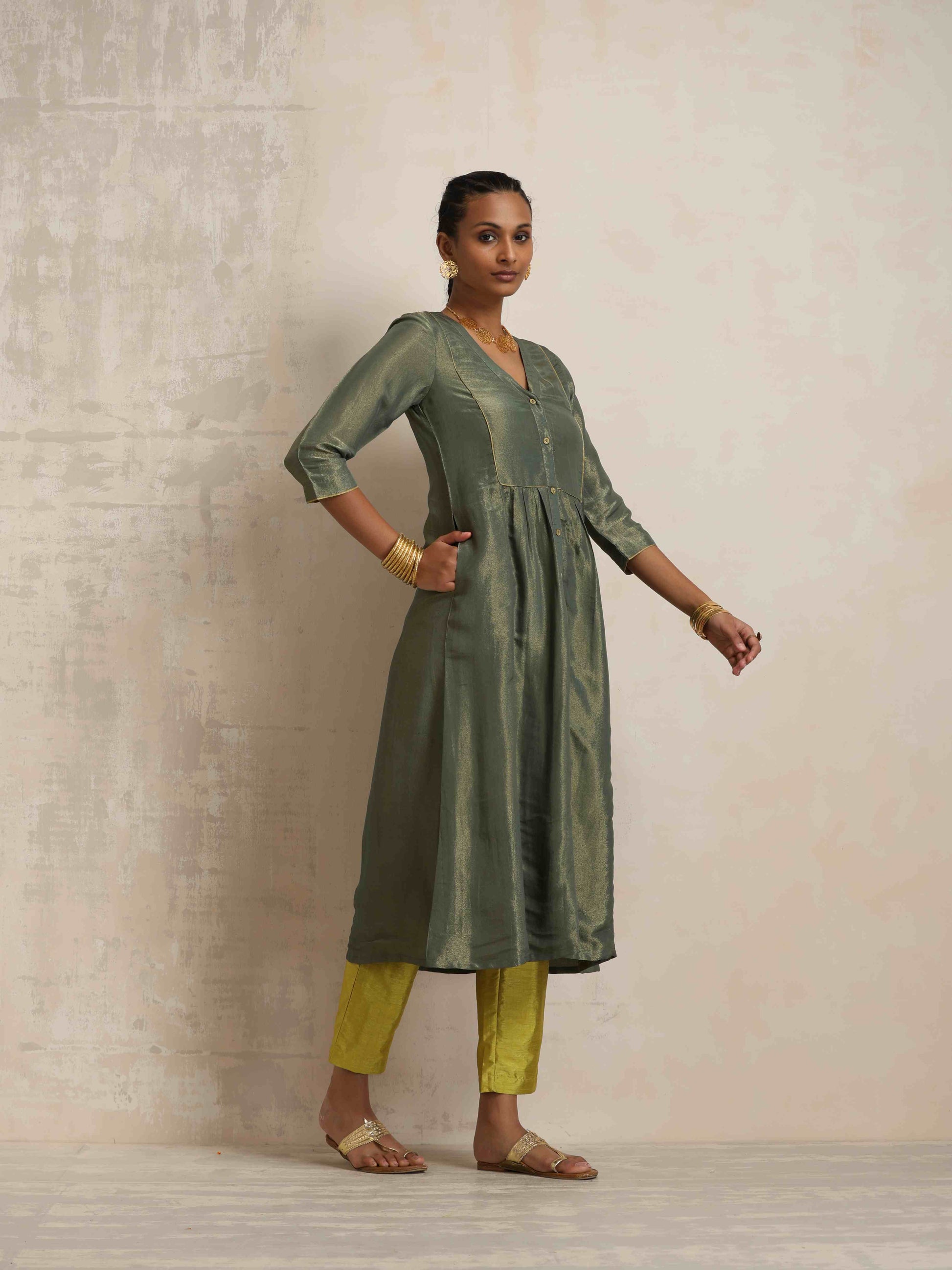 trueBrowns Green Tissue A-line Kurta Set | Swadesiicart