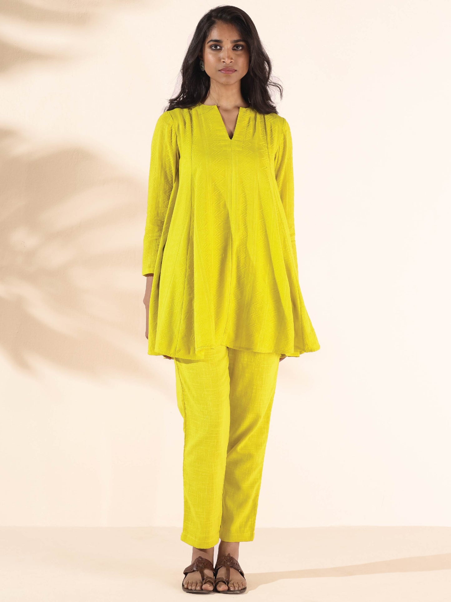 trueBrowns Lime Cotton Dobby Flared Co-ord Set - Swadesiicart