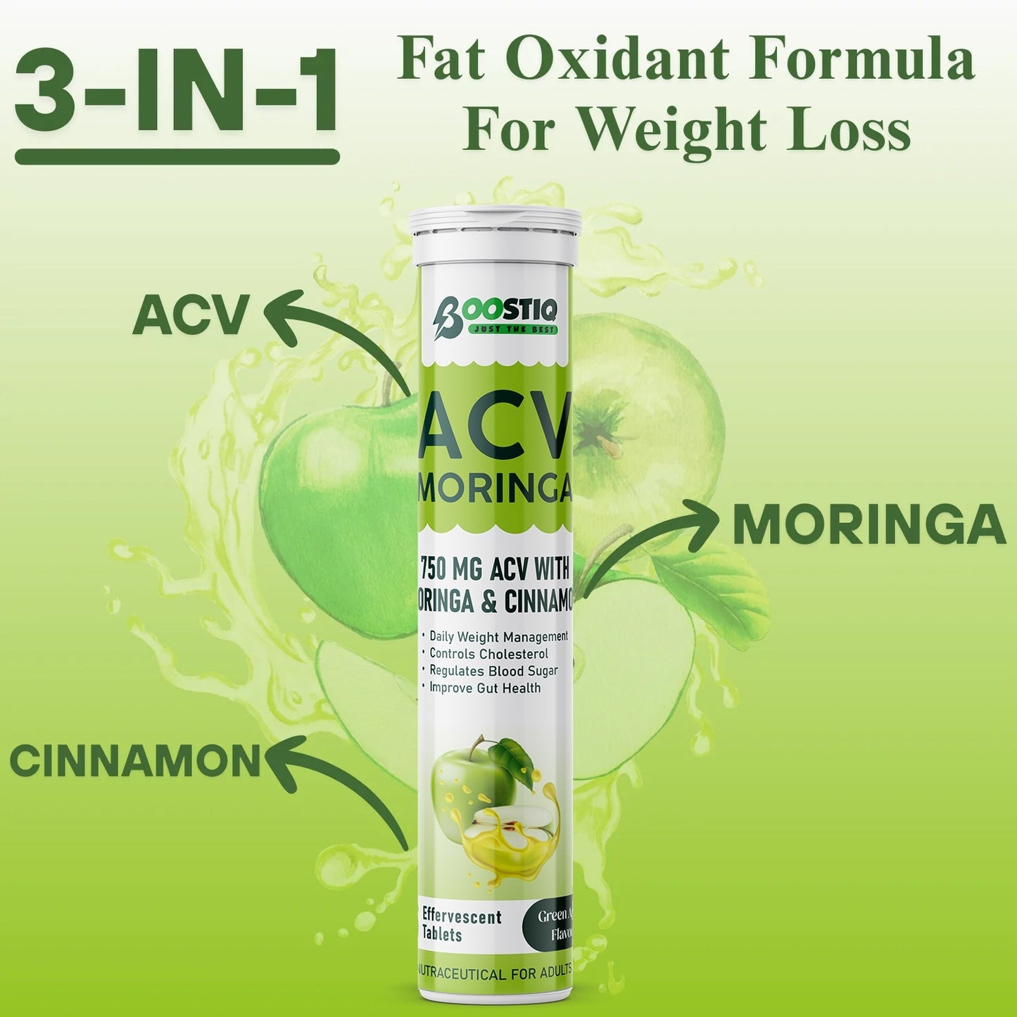 BOOSTIQ Apple Cider Vinegar With Moringa Effervescent Tablets - Green Apple Flavour