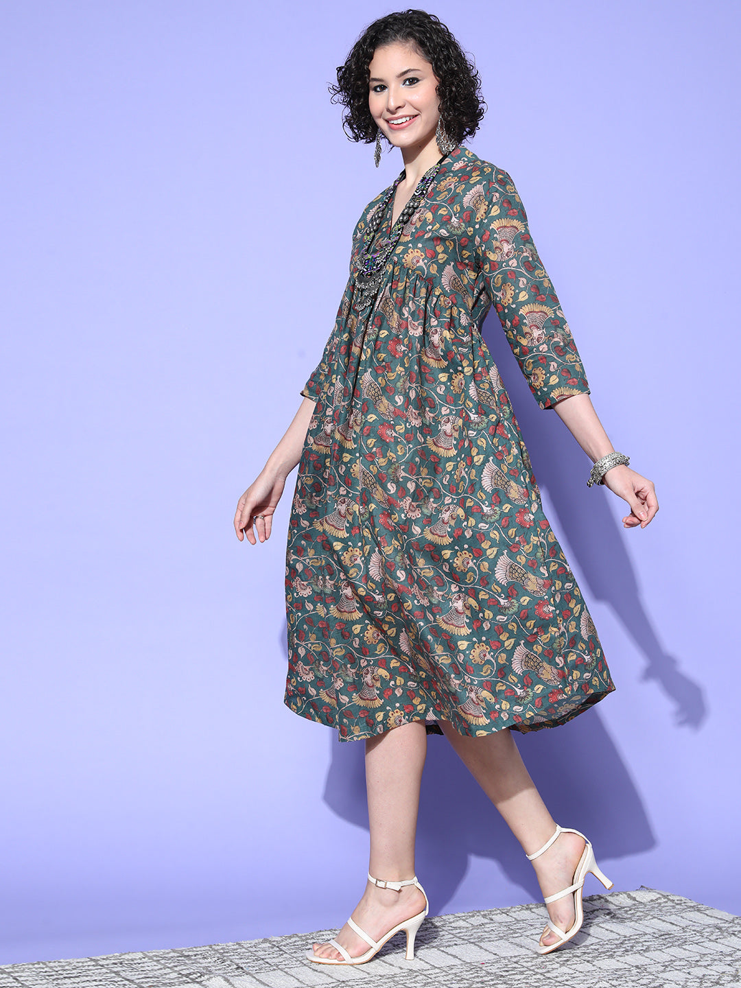 InWeave Women's Green Jaal Print Dress - Swadesiicart