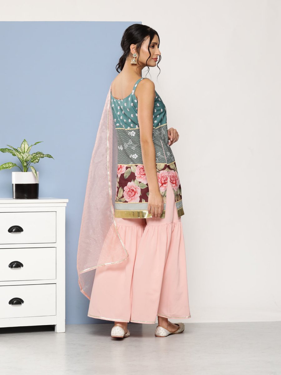 Ahalyaa Women Green Floral Printed Gotta Patti Kurta with Sharara & With Dupatta | Swadesiicart