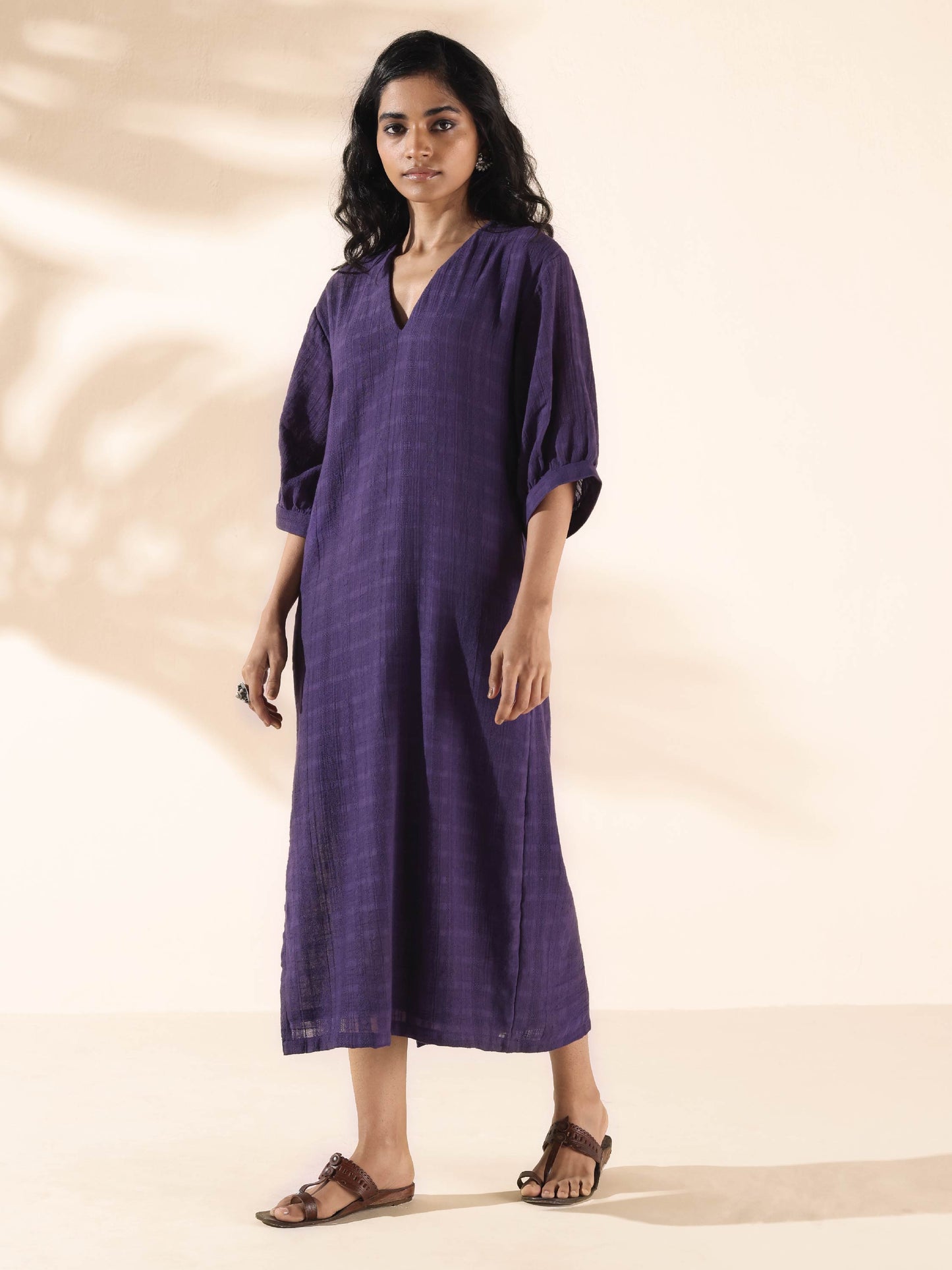 trueBrowns Purple Cotton Dobby Slit Dress | Swadesiicart