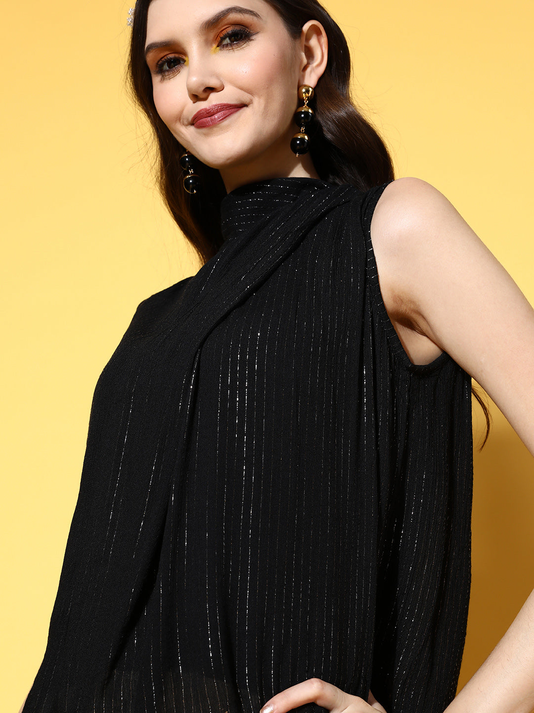 InWeave Women's Black Lurex Tie Up Top - Swadesiicart